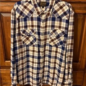 Lucky Brand Men's Blue and Brown Plaid Button-Up Shirt Pearl Snap XL
